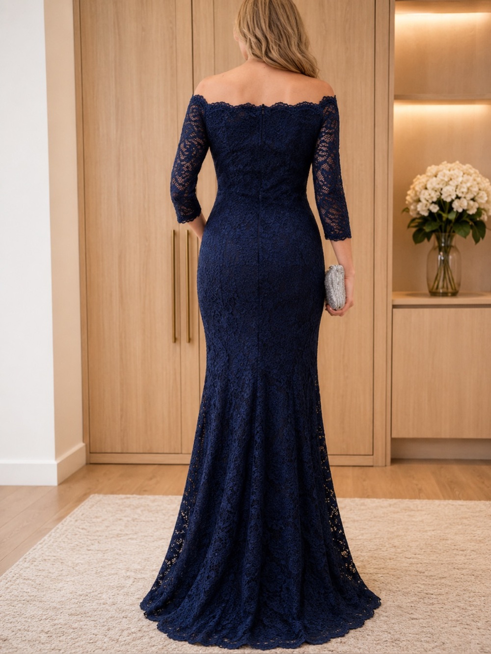 Navy Blue Lace Formal Mermaid Gown Mother Bride Off Shoulder Dress DECODE 1.8 - Picture 3 of 16